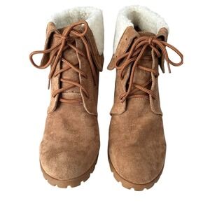Nautica‎ Rendon Lace Up Boots Sz 10 Wedge Ankle Booties Fold Over Faux Fur EUC